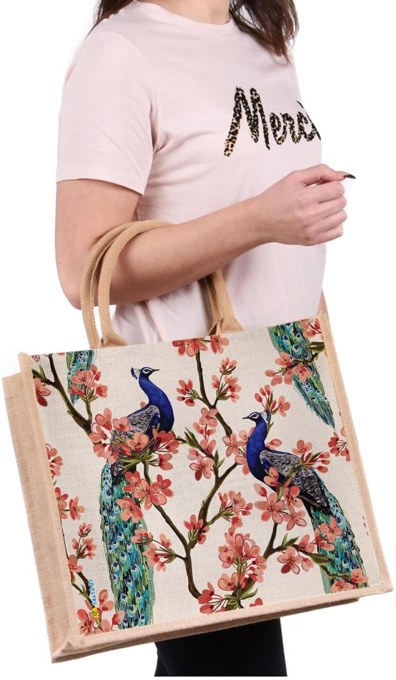 Elegant Peacock Blossom Jute Tote