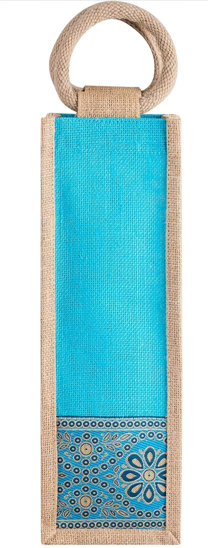 Azure Bloom Design Jute Bottle Bag