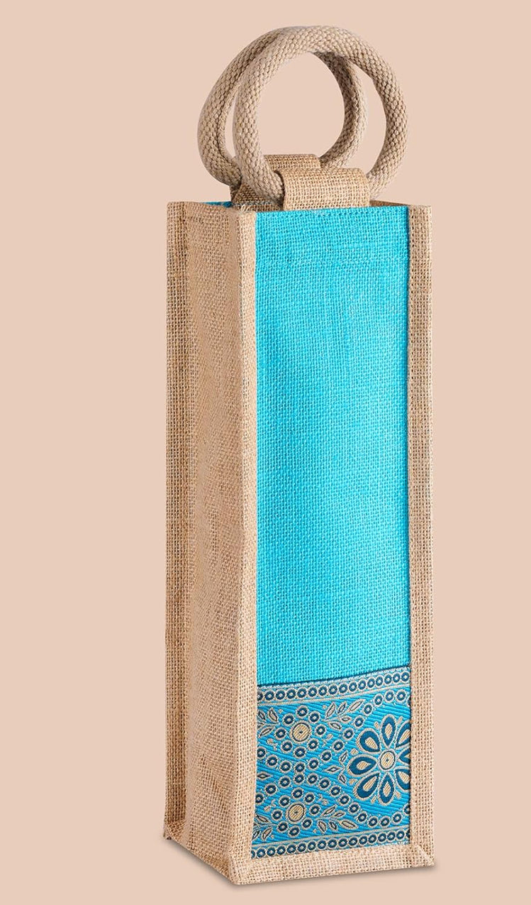 Azure Bloom Design Jute Bottle Bag