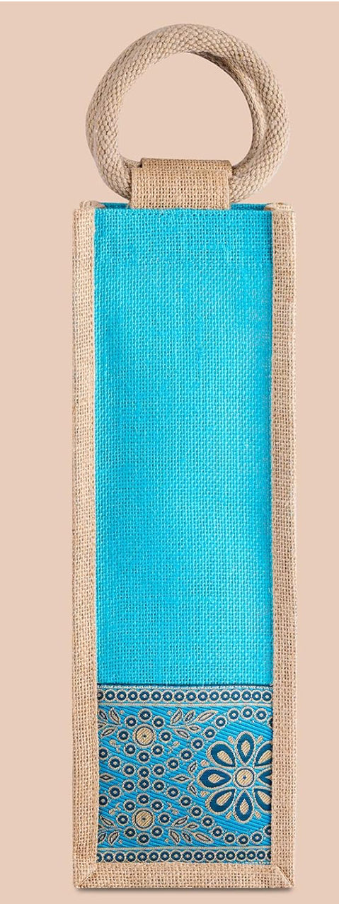 Azure Bloom Design Jute Bottle Bag