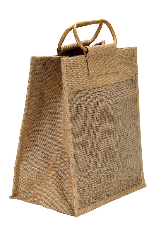 Fibrous Jute Bottle Bag with Bamboo Handles (35.5 x 31 x 21 cm)