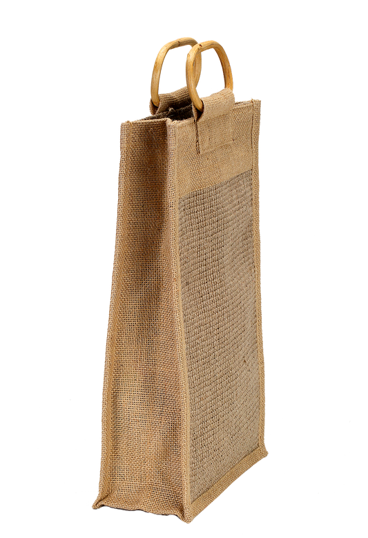 Fibrous Jute Bottle Bag with Bamboo Handles (35.5 x 21 x 10 cm)