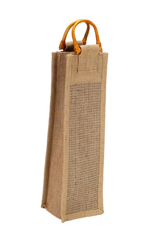 Fibrous Jute Bottle Bag with Bamboo Handles (34.5 x 10 x 10 cm)