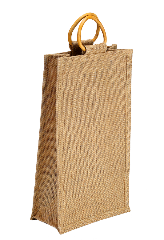 Natural jute bottle bag with bamboo handle - (35.5 x 21 x 10 cm)