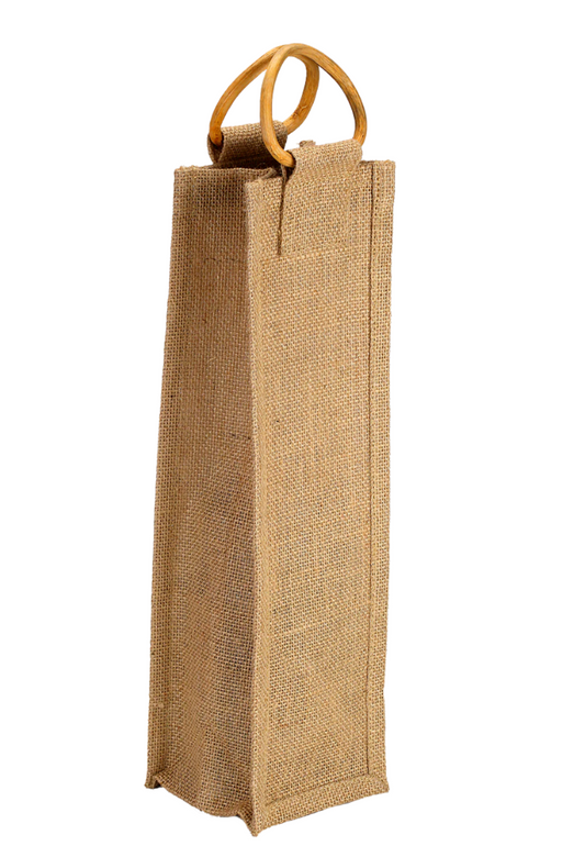 Natural Jute Bottle Bag with Bamboo Handles - (35.5 x 10 x 10 cm)