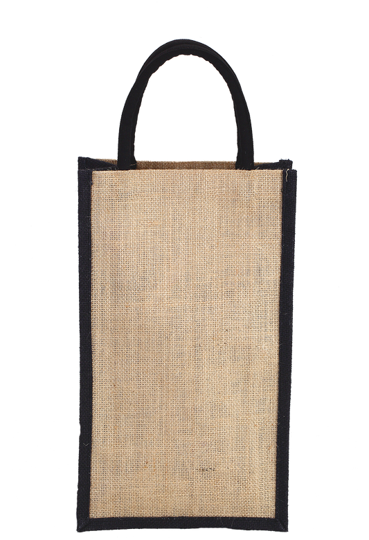 Natural and black colour jute bottle bag with rope handle - (35.5 x 21 x 10 cm)