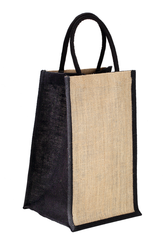 Natural and black colour jute bottle bag with rope handle - (35.5 x 21 x 21 cm)