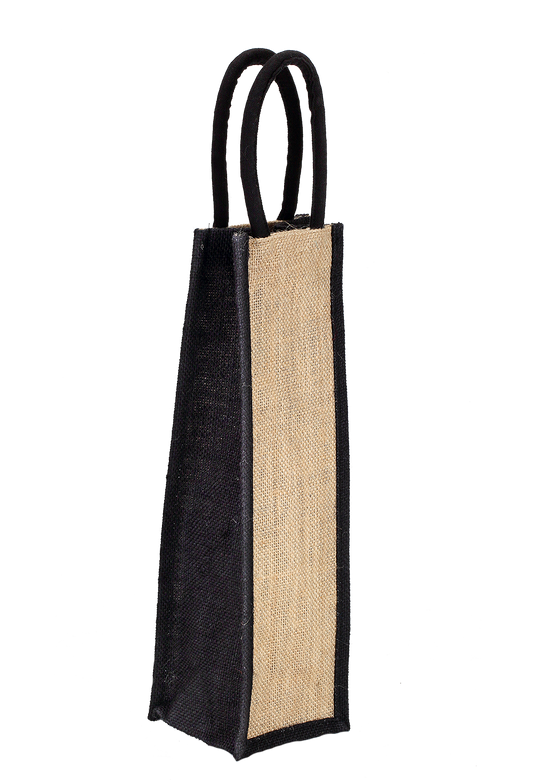 Natural and black colour jute bottle bag with rope handle - (35.5 x 10 x10 cm)