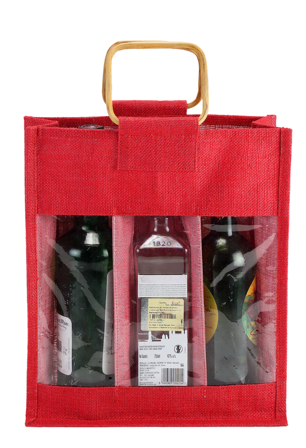 Coloured jute bottle bag with bamboo handle  (35.5 x 33 x 10 cm)