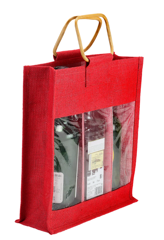 Coloured jute bottle bag with bamboo handle  (35.5 x 33 x 10 cm)