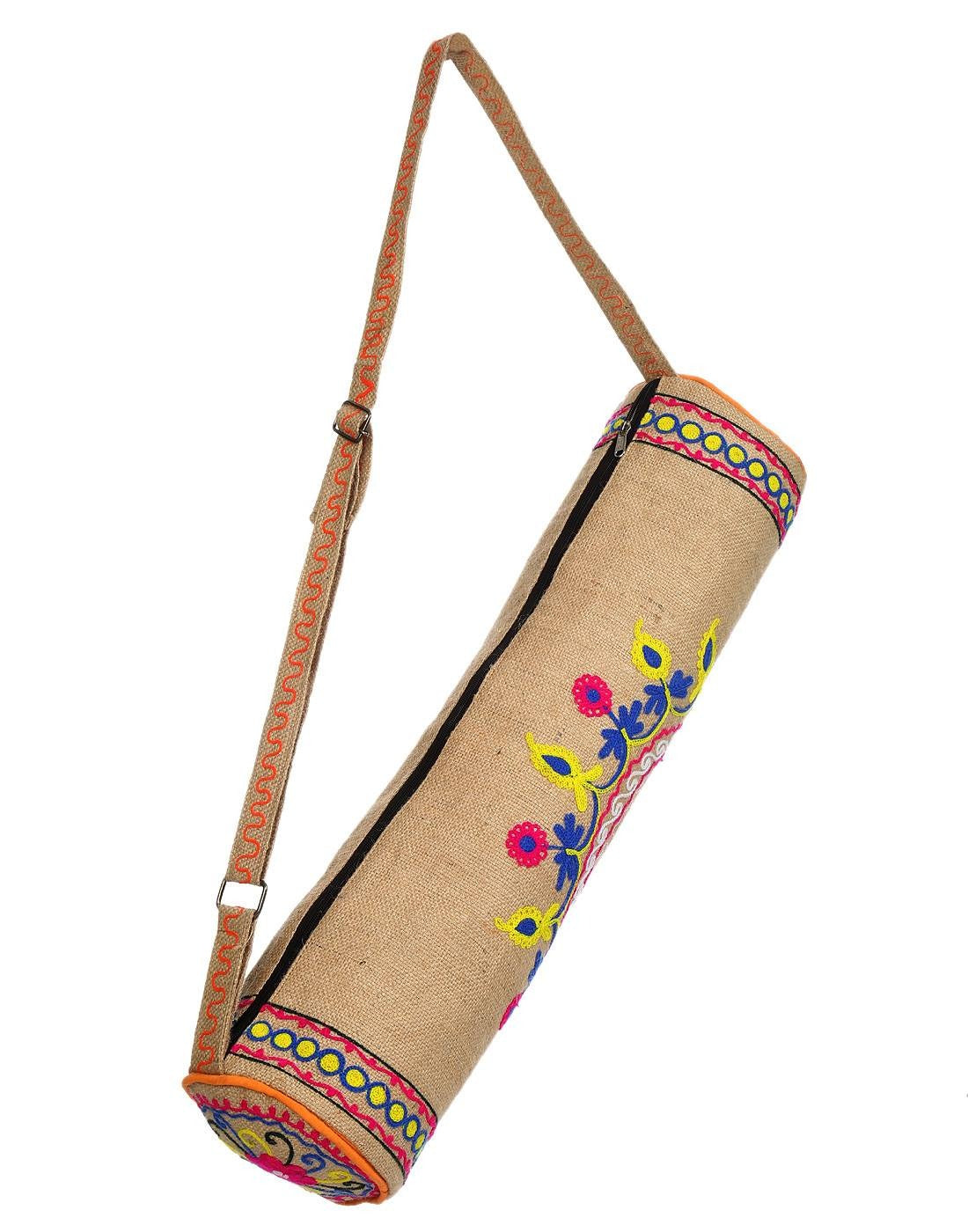 Embroidered Jute yoga mat bag