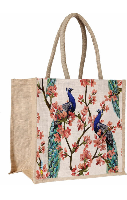 Elegant Peacock Blossom Jute Tote