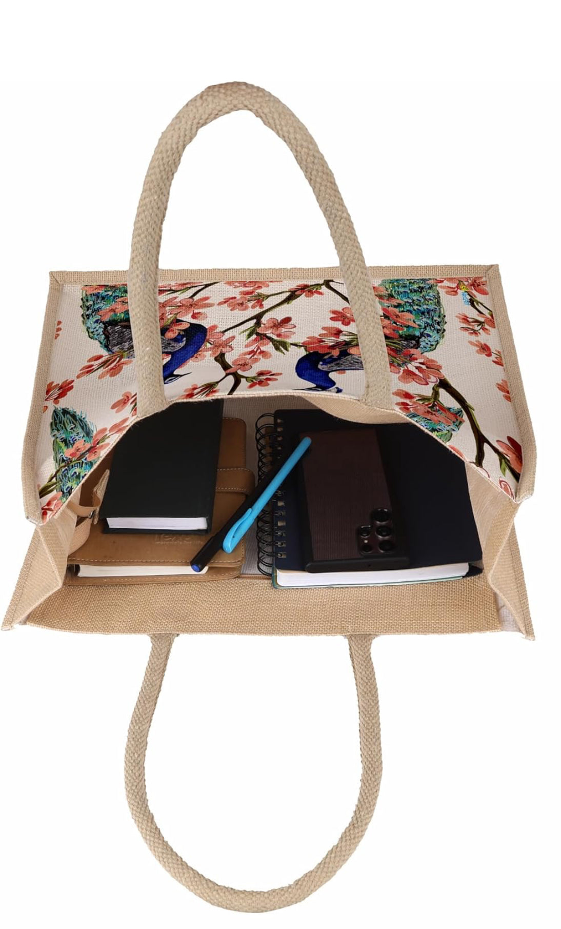Elegant Peacock Blossom Jute Tote