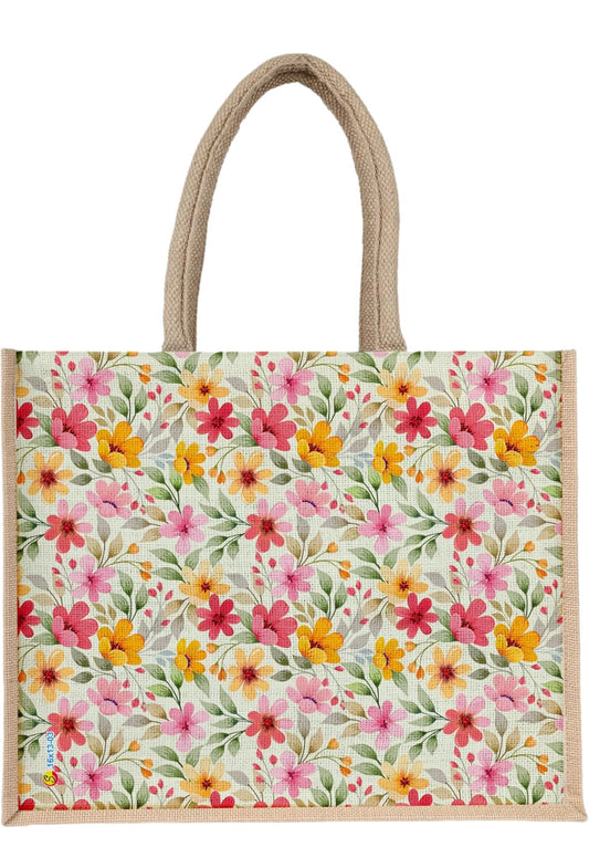 Spring Garden Floral Jute Tote Bag