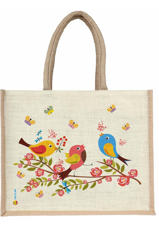 Chirpy Garden Bird Design Jute Tote