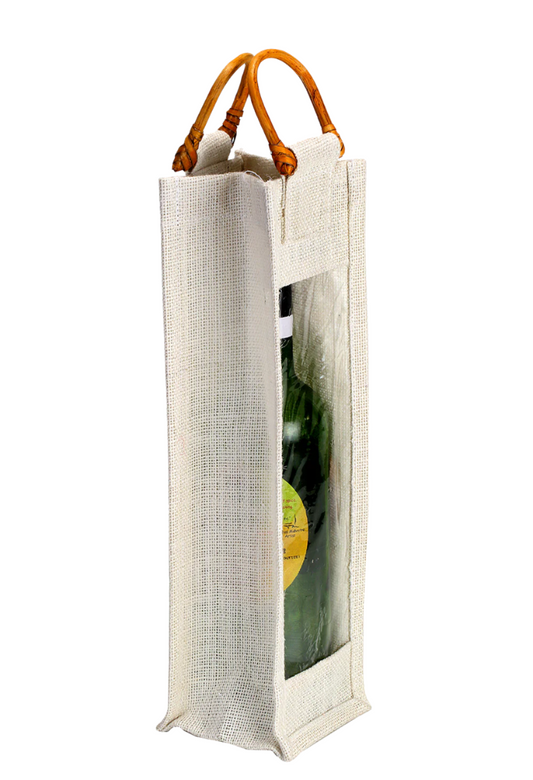 Coloured jute bottle bag with bamboo handle  (35.5 x 10 x 10 cm)