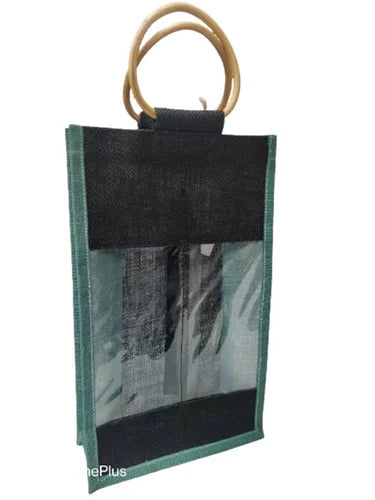 Coloured jute bottle bag with two compartments - Black & Green -H34 X W20 X G10cm