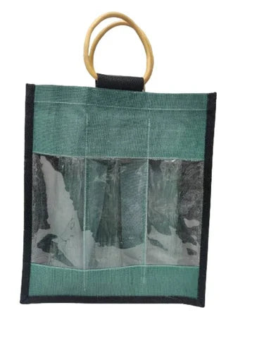 Coloured jute bottle bag with three compartments - Black & Green -H34 X W30 X G10cm