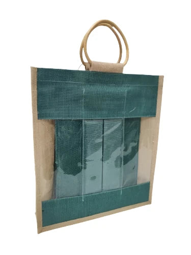 Coloured jute bottle bag with 3 compartments (Green & Natural) - H34 X W30 X G10 cm