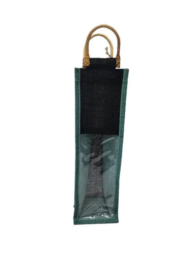 Coloured jute bottle bag with single compartment - Black & Natural -H34 X W10 X G10 cm